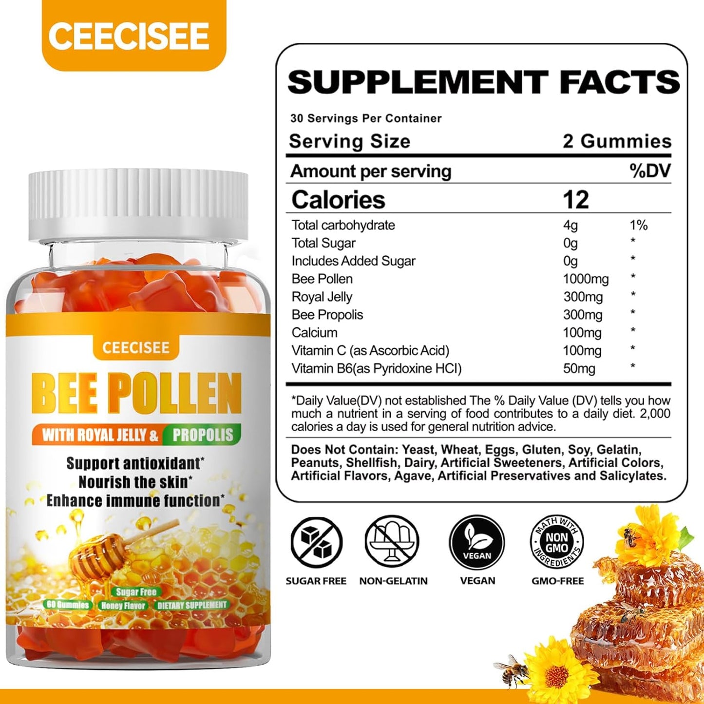 Ceecisee Bee Pollen Gummies - 1000mg Bee Pollen, 300mg Royal Jelly, 300mg Propolis, Calcium, Vitamin B6, Vitamin C - Skin, Immune System, Energy Boost - Honey Flavor - 60 Count