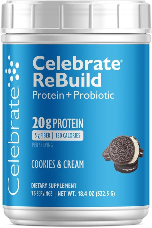 Celebrate Bariatric Supplements Rebuild Protein Powder - 20g Whey Isolate, High Fiber, Probiotics & Prebiotics - Cookies & Cream (15 Servings)