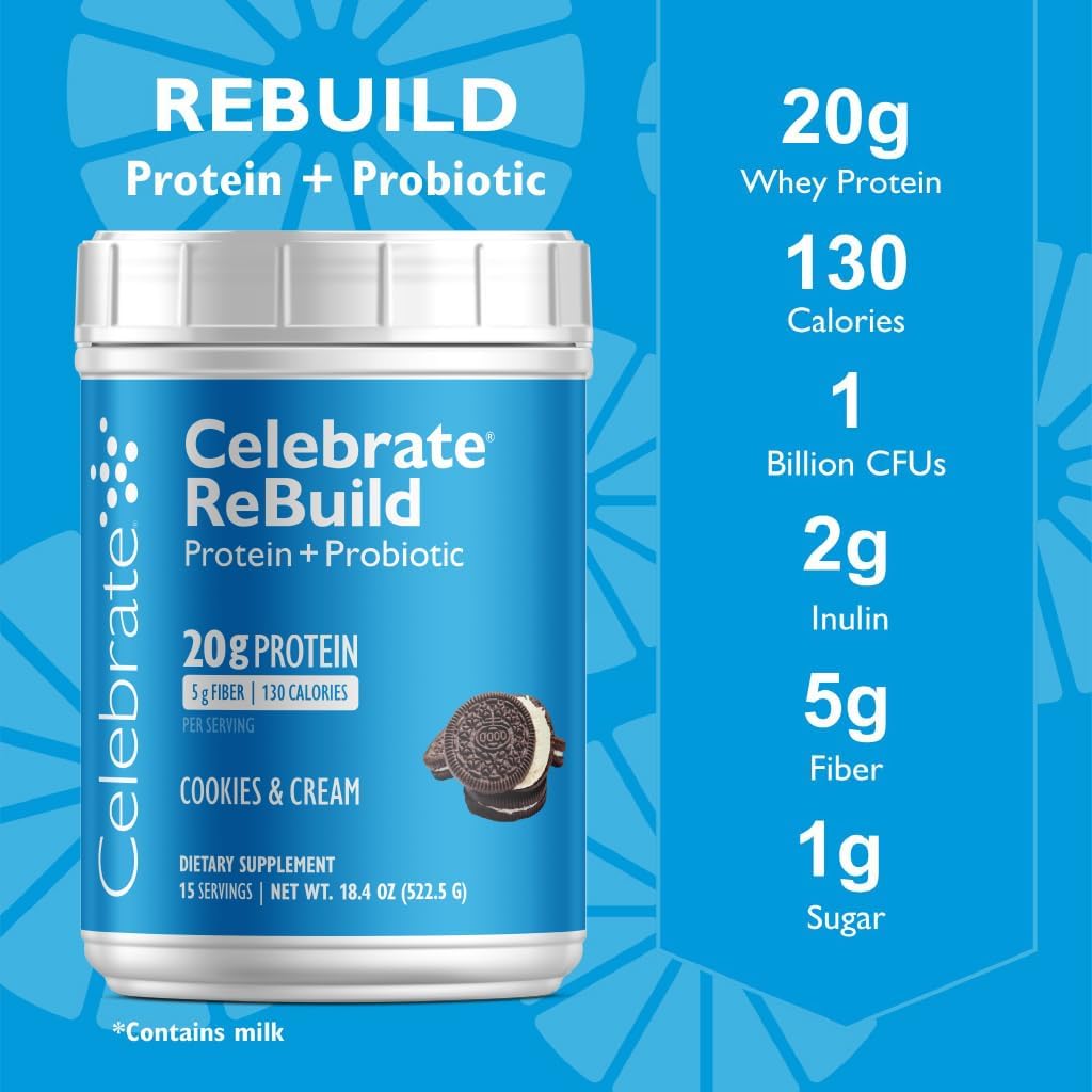 Celebrate Bariatric Supplements Rebuild Protein Powder - 20g Whey Isolate, High Fiber, Probiotics & Prebiotics - Cookies & Cream (15 Servings)