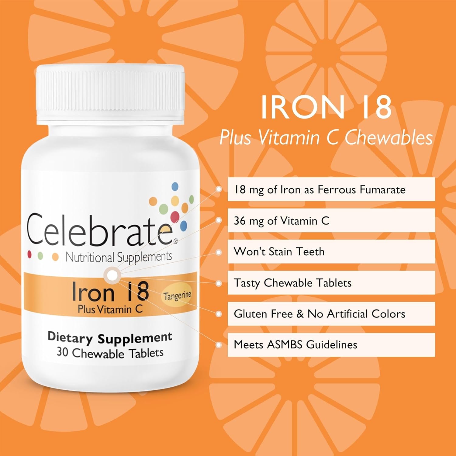 Celebrate Iron+C 18mg Chewable Tangerine Supplements - 30 Count Bottle