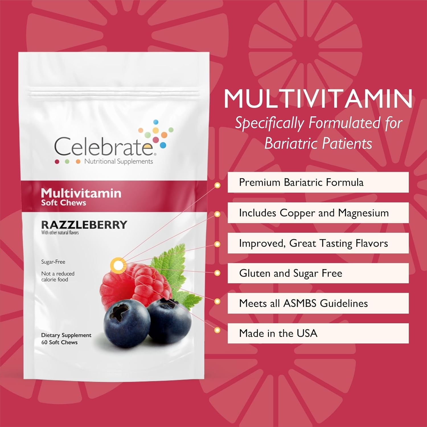 Celebrate Vitamins Bariatric Multivitamin Soft Chews - Berry Flavor, Sugar & Gluten Free - Essential Vitamins & Minerals - Gastric Bypass & Sleeve Gastrectomy Supplement - 60ct