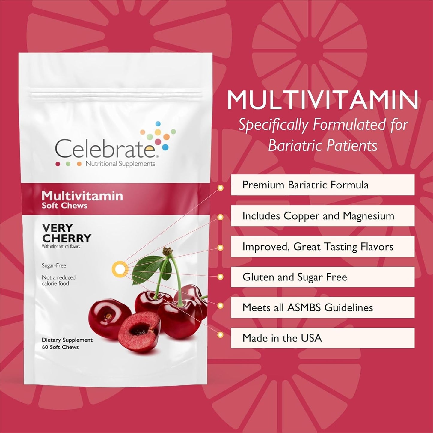 Celebrate Vitamins Bariatric Multivitamin Soft Chews - Cherry Flavor, 60ct - Essential Vitamins for Gastric Bypass & Sleeve Gastrectomy - Sugar & Gluten Free