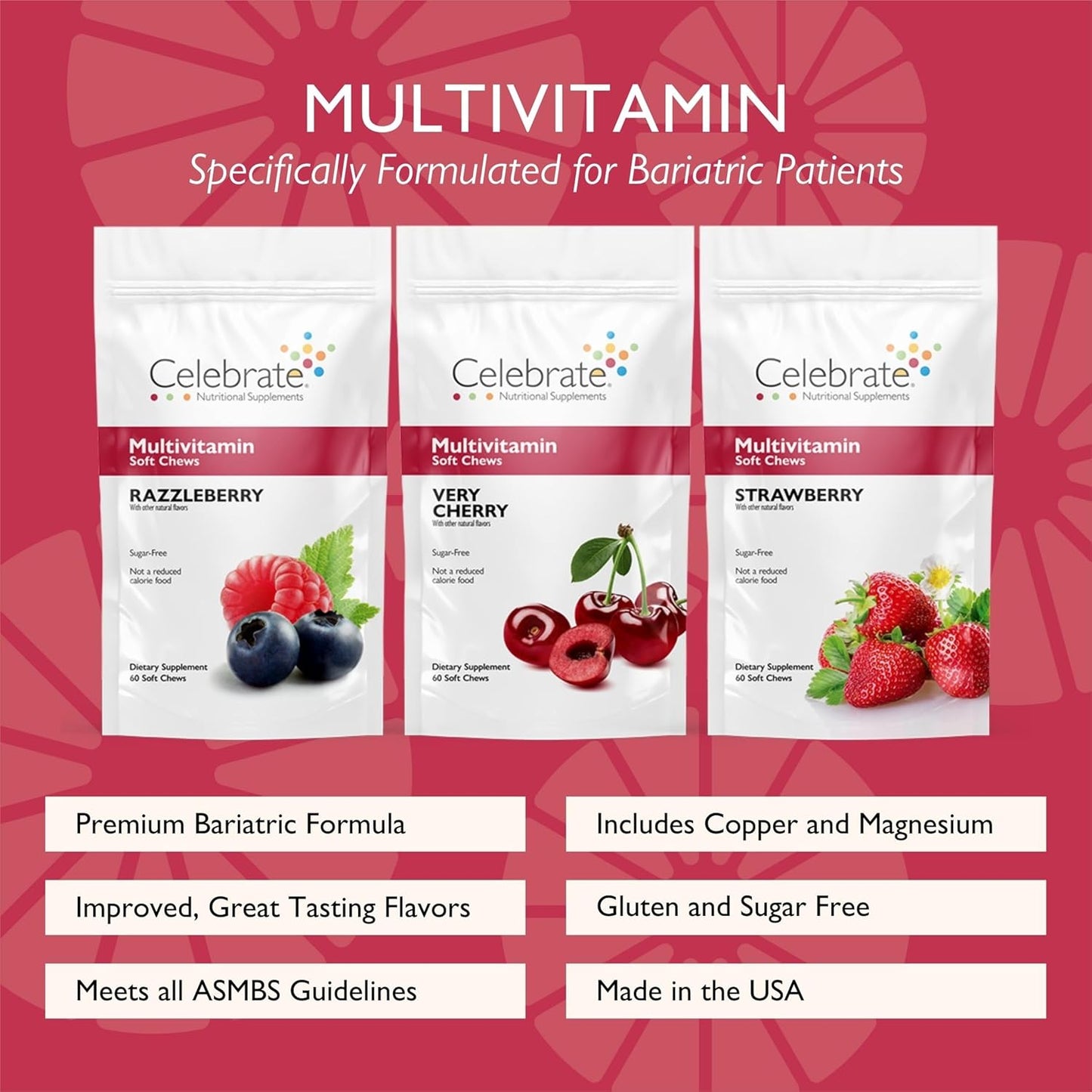 Celebrate Vitamins Bariatric Multivitamin Soft Chews - Berry/Strawberry/Cherry Flavor - 180 Count - Sugar & Gluten Free - Essential Gastric Bypass & Sleeve Gastrectomy Supplement