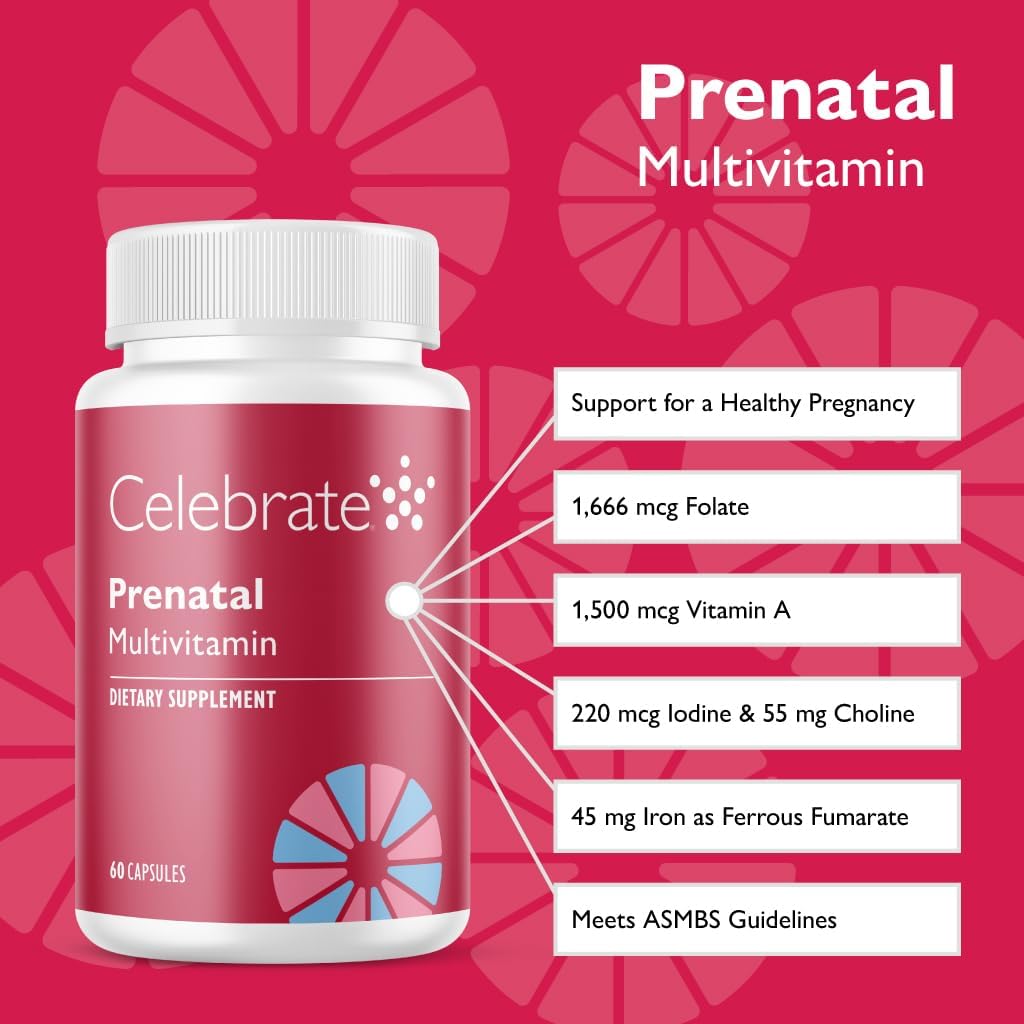 Celebrate Vitamins Bariatric Prenatal Multivitamin Capsules | Folate, Vitamin A, Iron, Iodine, Choline | 60 Count