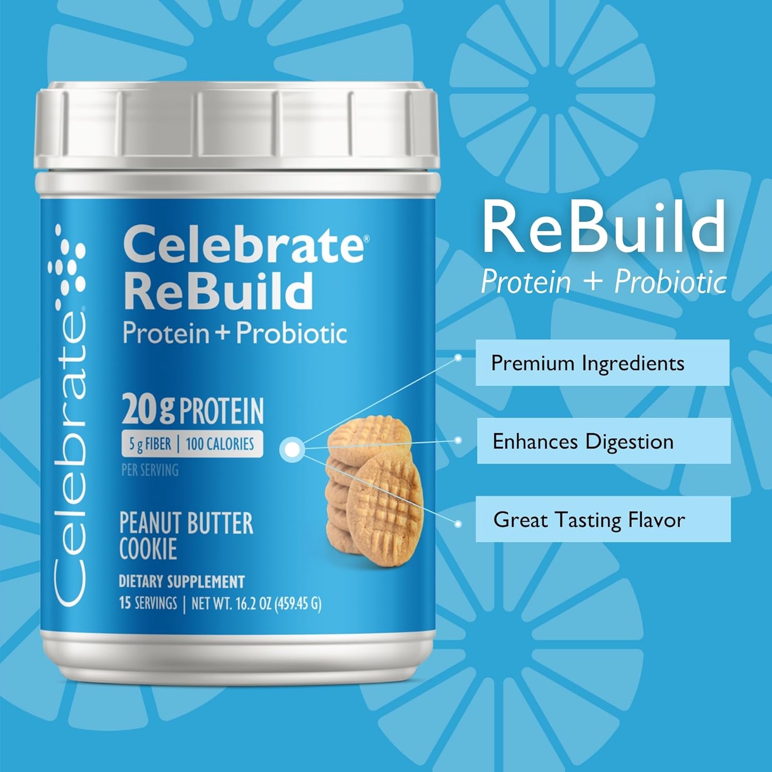 Celebrate Vitamins Rebuild Protein Powder for Bariatric Patients - 20g Whey Isolate, High Fiber, Probiotics & Prebiotics - PB Cookie Flavor (15 Servings)
