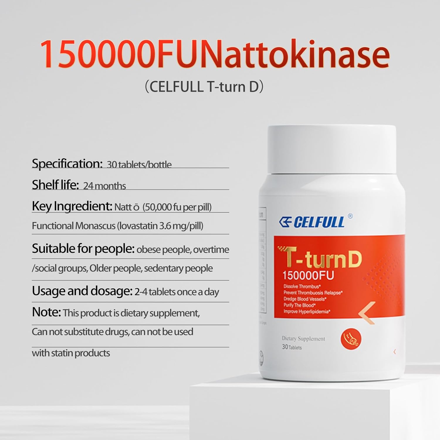 CELFULL Nattokinase Supplement with 5,000 FU Per Serving, Fish Oil Powder, Red Yeast Rice, Beta Glucan - Non-GMO