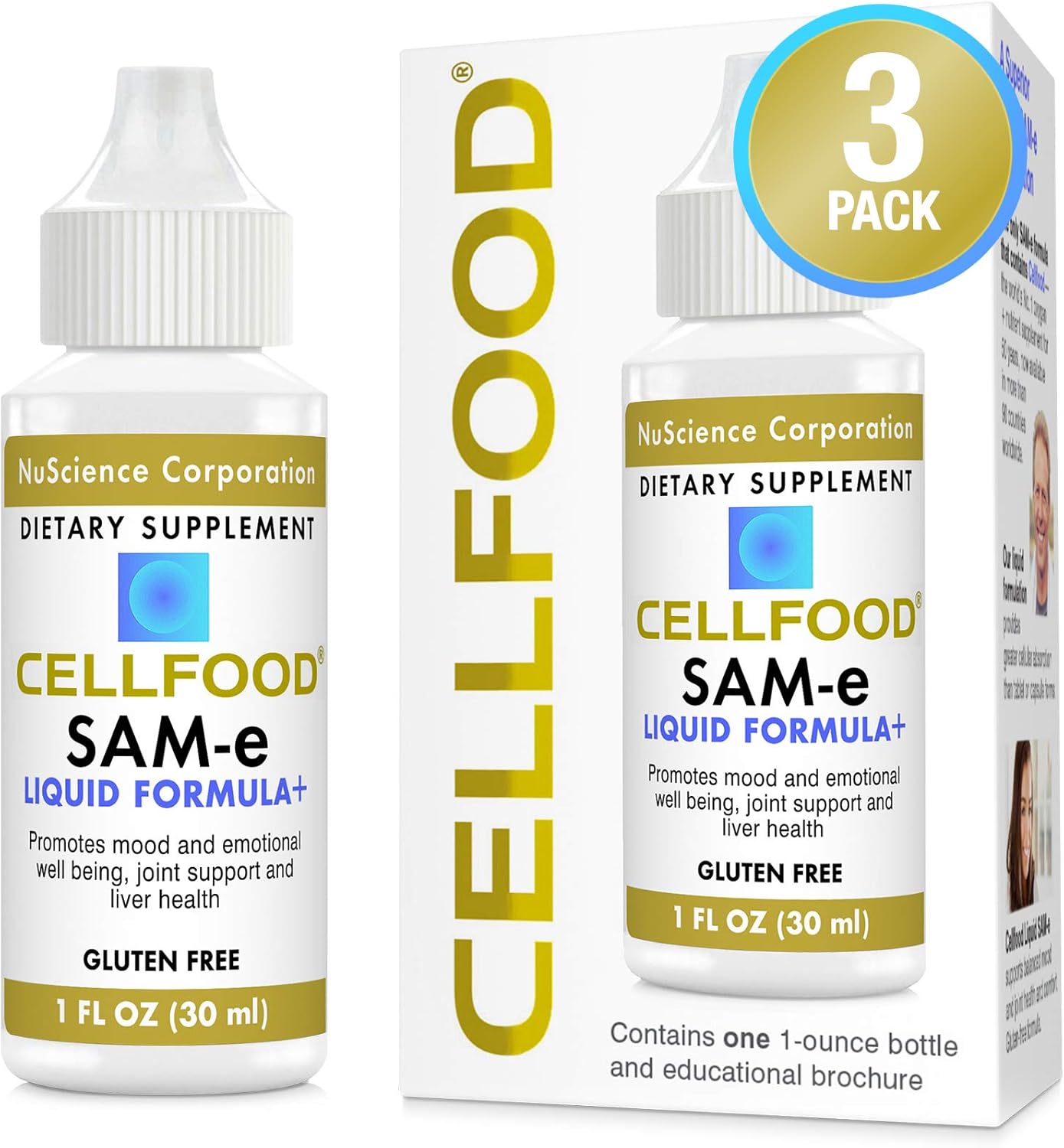 Cellfood SAM-e Liquid Formula+ - 3 Pack, 1 fl oz Each - Mood & Joint Support, Liver Health - Enhanced Absorption, Gluten Free, Non-GMO - 90-Day Supply