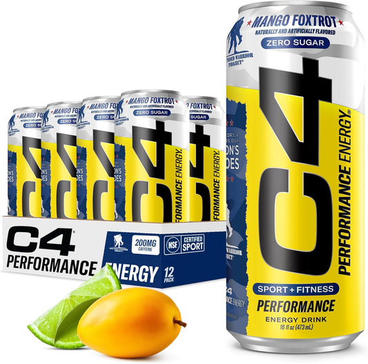 Cellucor C4 Mango Foxtrot Energy Drink | Zero Sugar Preworkout | 200mg Caffeine with Beta Alanine | 16 Fl Oz (12 Pack)