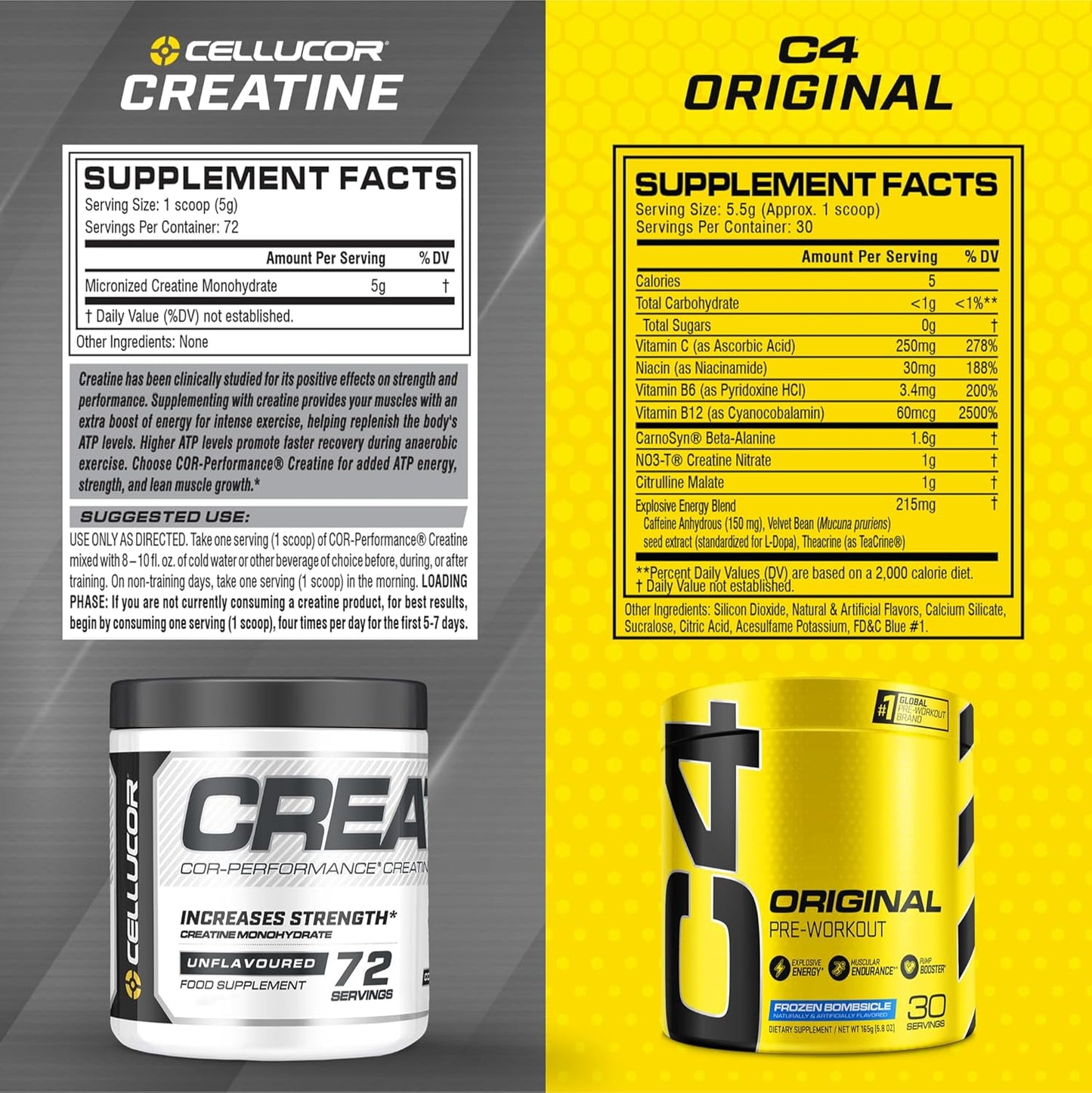 Cellucor C4 Original Pre Workout Powder & Creatine Bundle - Frozen Bombsicle Flavor, 30 Servings + 72 Servings