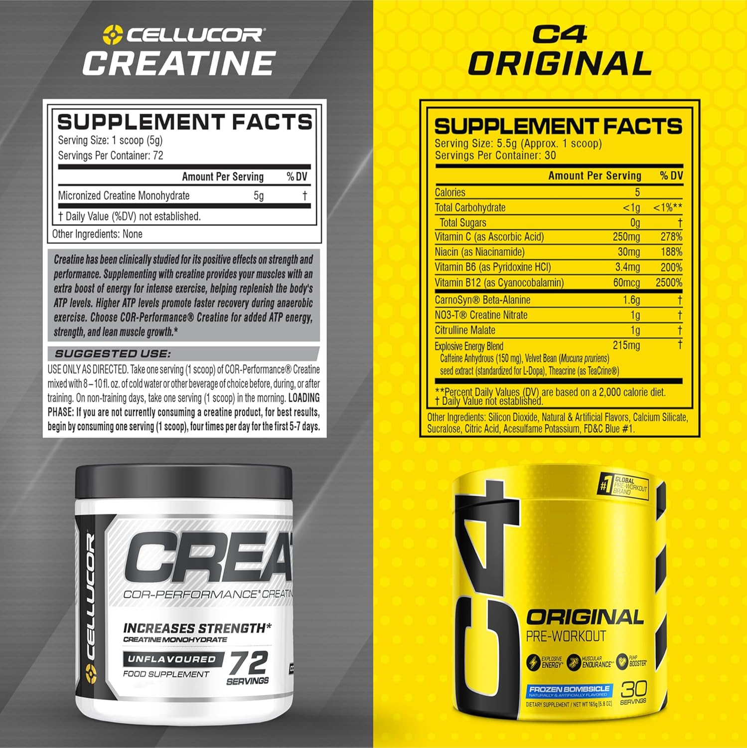 Cellucor C4 Original Pre Workout Powder & Creatine Bundle - Frozen Bombsicle Flavor, 30 Servings + 72 Servings