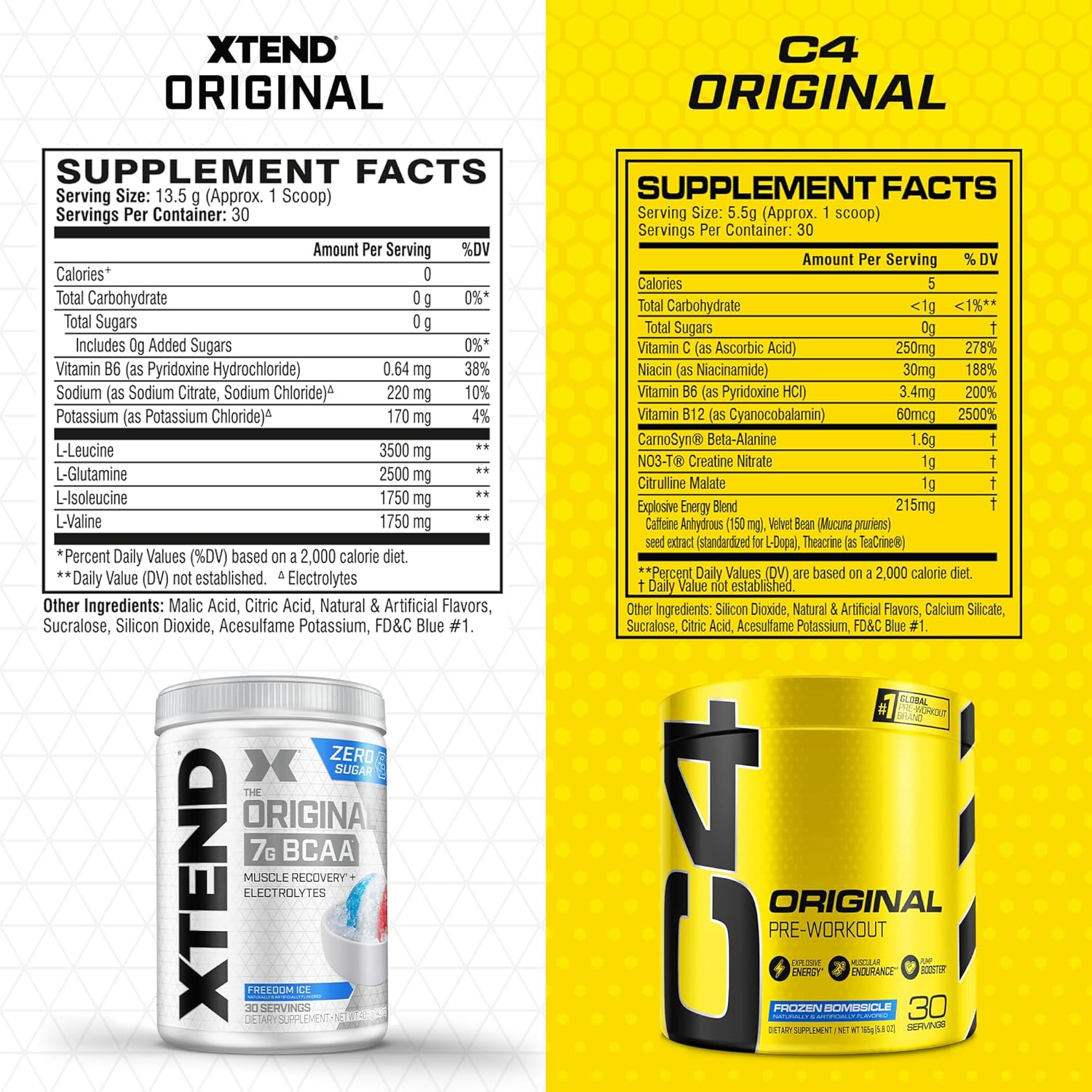 Cellucor C4 Original Pre Workout Powder & XTEND BCAA Powder Bundle, Frozen Bombsicle & Freedom Ice, 30 Servings each