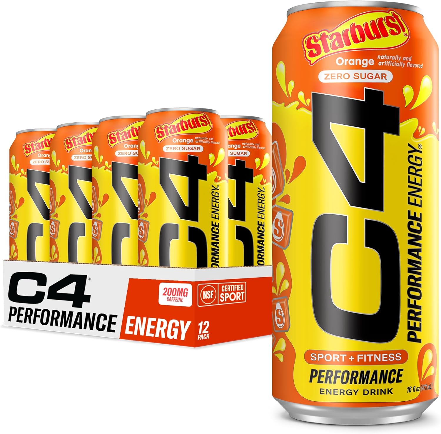 Cellucor C4 STARBURST Orange Energy Drink | Zero Sugar Preworkout | 200mg Caffeine | Beta Alanine | 16 Fl Oz (12 Pack)