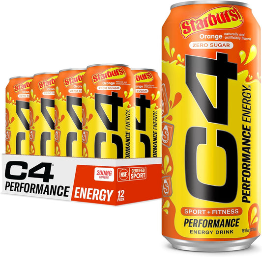 Cellucor C4 STARBURST Orange Energy Drink | Zero Sugar Preworkout | 200mg Caffeine | Beta Alanine | 16 Fl Oz (12 Pack)