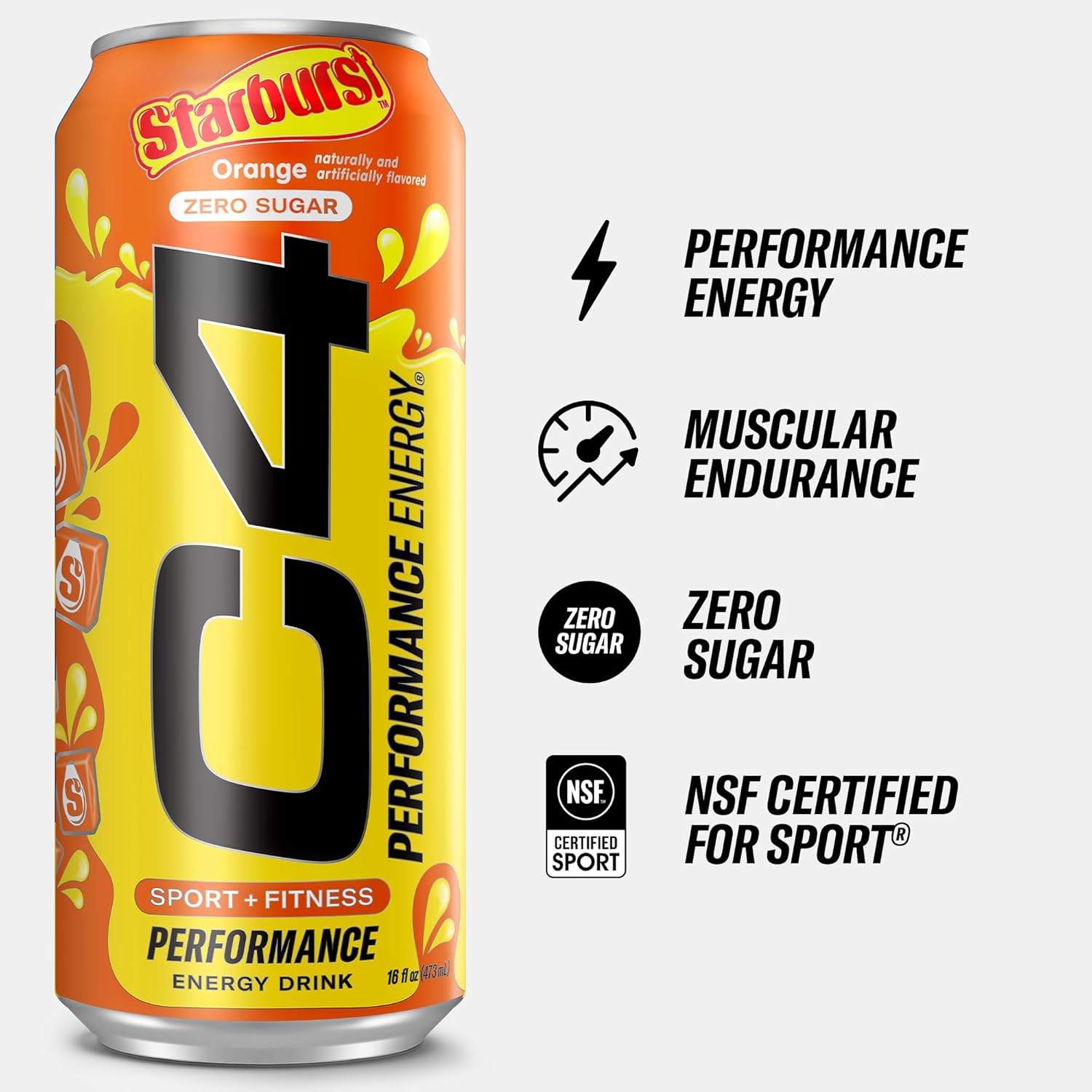Cellucor C4 STARBURST Orange Energy Drink | Zero Sugar Preworkout | 200mg Caffeine | Beta Alanine | 16 Fl Oz (12 Pack)