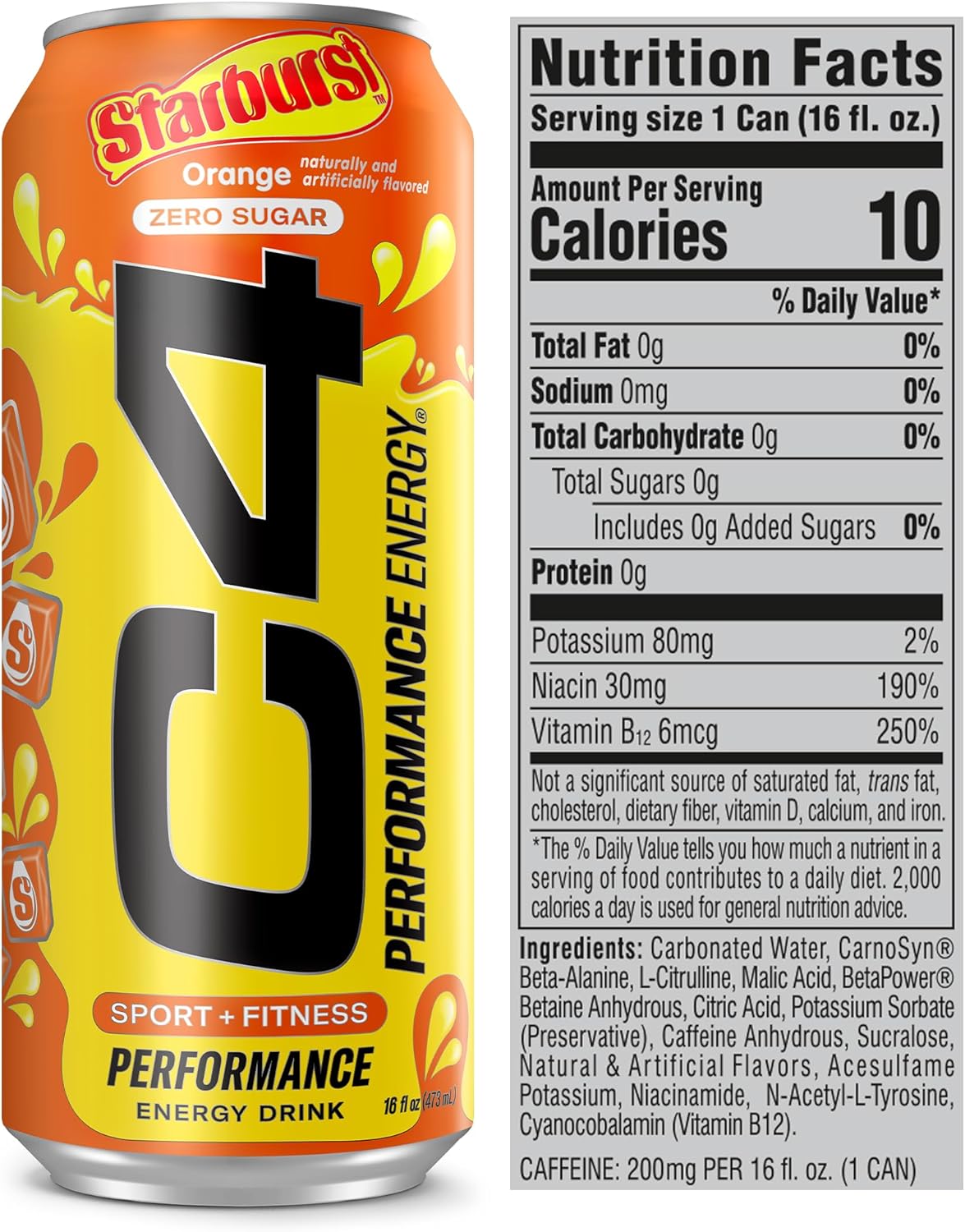 Cellucor C4 STARBURST Orange Energy Drink | Zero Sugar Preworkout | 200mg Caffeine | Beta Alanine | 16 Fl Oz (12 Pack)