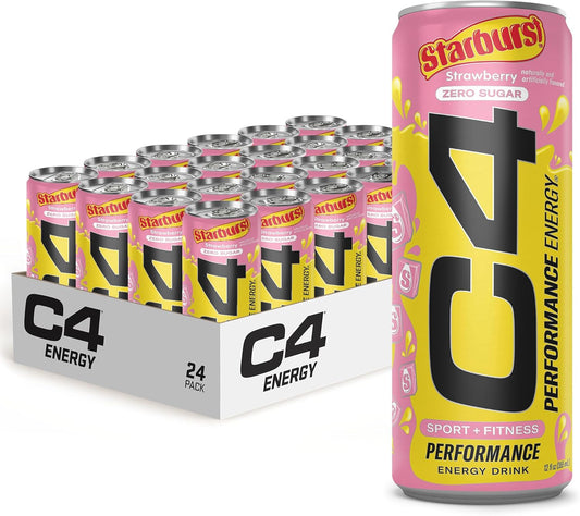 Cellucor C4 STARBURST Strawberry Energy Drink | Zero Sugar Preworkout | 200mg Caffeine & Beta Alanine | 12 Fl Oz (24 Pack)