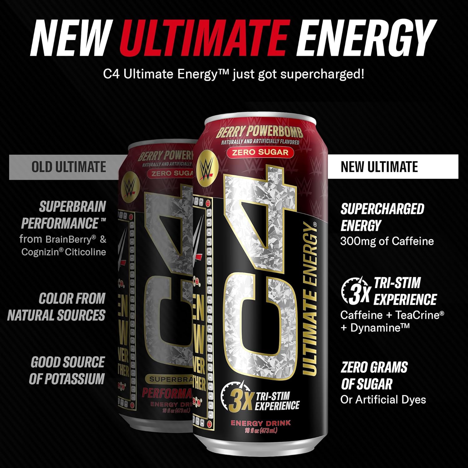 Cellucor C4 Ultimate x WWE Berry Powerbomb Pre Workout Energy Drink - 16oz (Pack of 12) Sugar Free with 300mg Caffeine, TeaCrine, and Dynamine