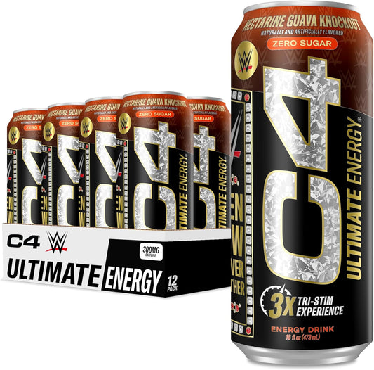 Cellucor C4 Ultimate x WWE Energy Drink Pack | Knockout Nectarine Guava Flavor | 300mg Caffeine | Sugar-Free | 16oz x 12