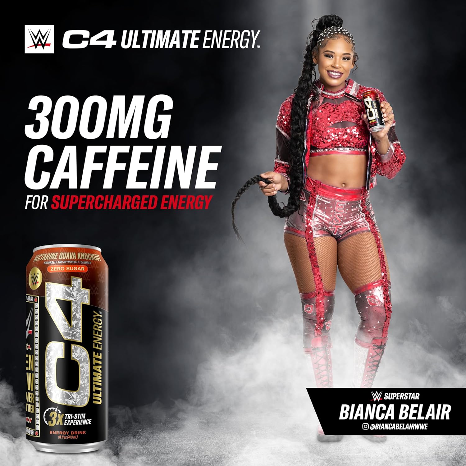 Cellucor C4 Ultimate x WWE Energy Drink Pack | Knockout Nectarine Guava Flavor | 300mg Caffeine | Sugar-Free | 16oz x 12