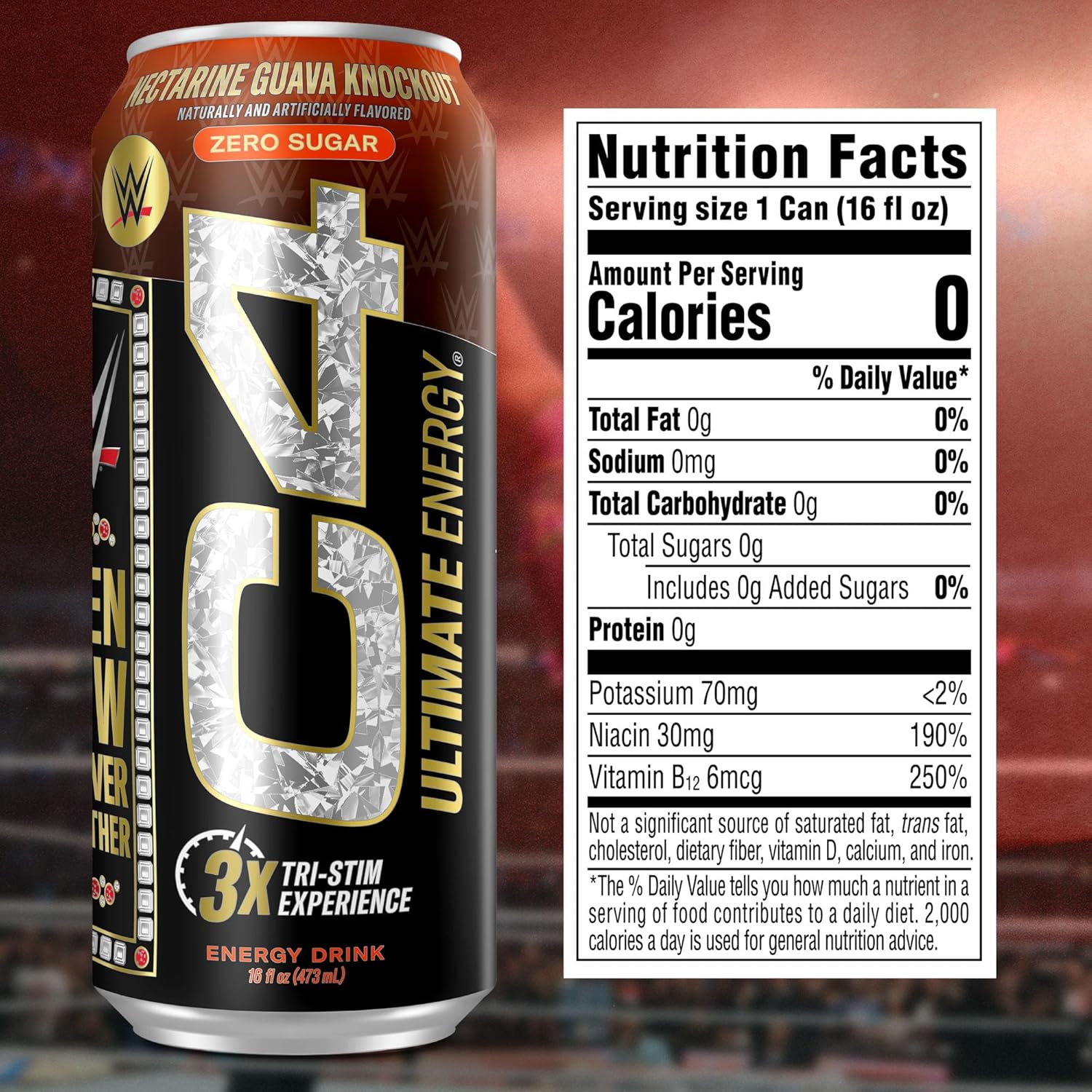 Cellucor C4 Ultimate x WWE Energy Drink Pack | Knockout Nectarine Guava Flavor | 300mg Caffeine | Sugar-Free | 16oz x 12