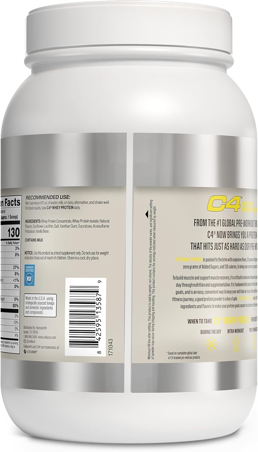 Cellucor C4 Vanilla Bean Whey Protein Powder - 25g Protein, 0g Sugar, 130 Calories, Muscle Recovery Support, 28 Servings