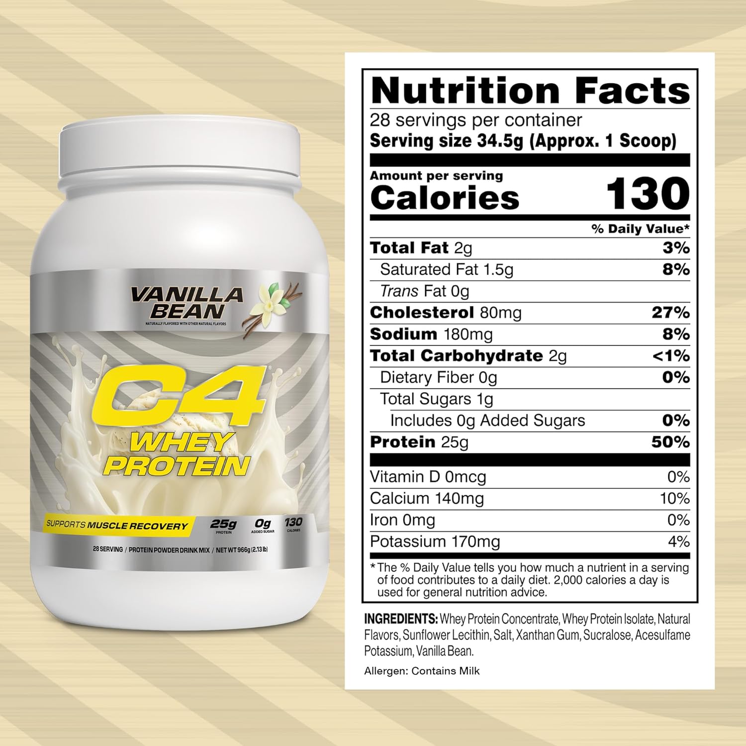 Cellucor C4 Vanilla Bean Whey Protein Powder - 25g Protein, 0g Sugar, 130 Calories, Muscle Recovery Support, 28 Servings