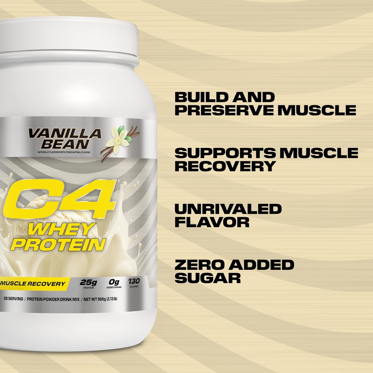 Cellucor C4 Vanilla Bean Whey Protein Powder - 25g Protein, 0g Sugar, 130 Calories, Muscle Recovery Support, 28 Servings