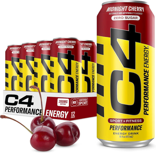 Cellucor C4 Zero Sugar Midnight Cherry Energy Drink - 12 Pack, 16 Fl Oz - Preworkout Energy with 200mg Caffeine & Beta Alanine