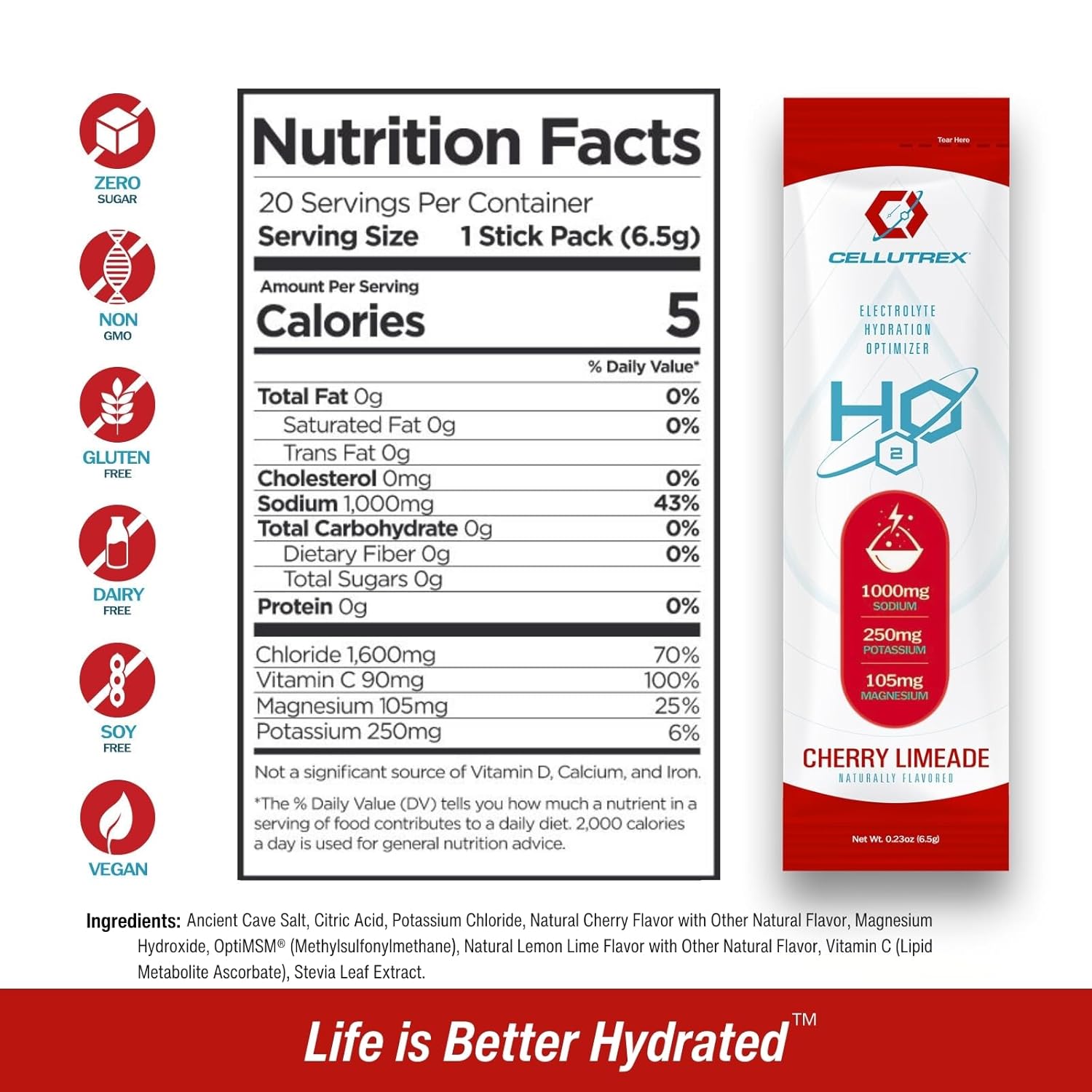 Cellutrex® H2O Electrolytes - Cherry Limeade Powder Drink Mix with Zero Sugar, Natural Salt, Non-GMO Electrolytes - 20 Convenient Stick Packs for Workouts, Fasting, and Travel