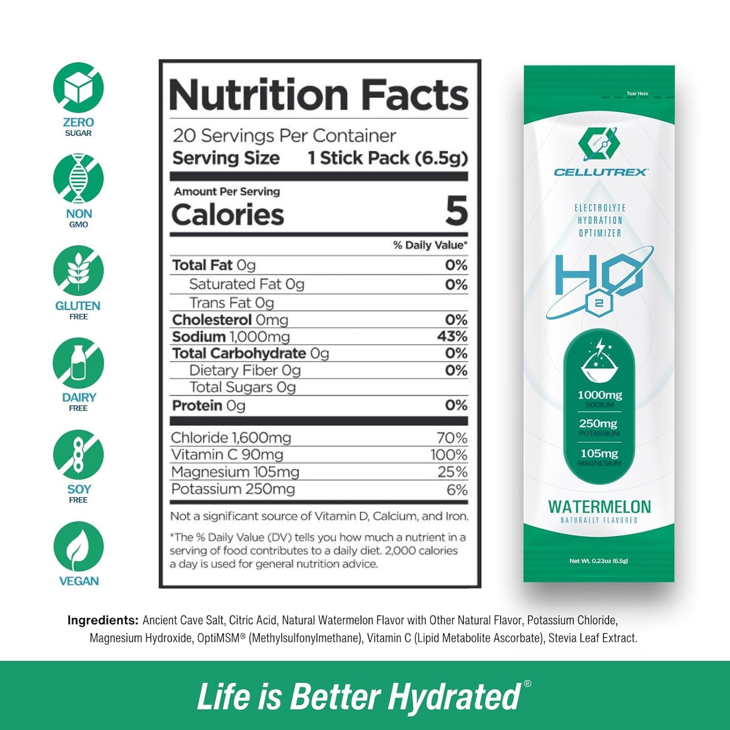 Cellutrex® H2O Electrolytes Watermelon Powder Drink Mix - Zero Sugar, Non-GMO, Natural Salt for Workouts, Fasting, Wellness, Travel - 20 Stick Packs