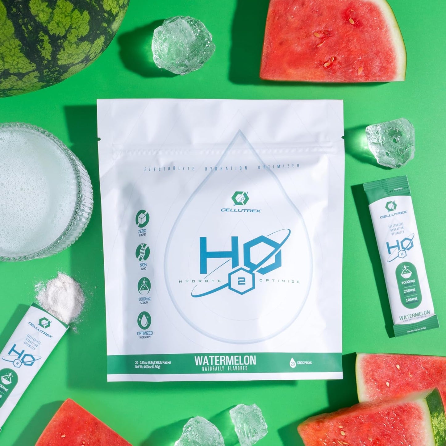 Cellutrex® H2O Electrolytes Watermelon Powder Drink Mix - Zero Sugar, Non-GMO, Natural Salt for Workouts, Fasting, Wellness, Travel - 20 Stick Packs
