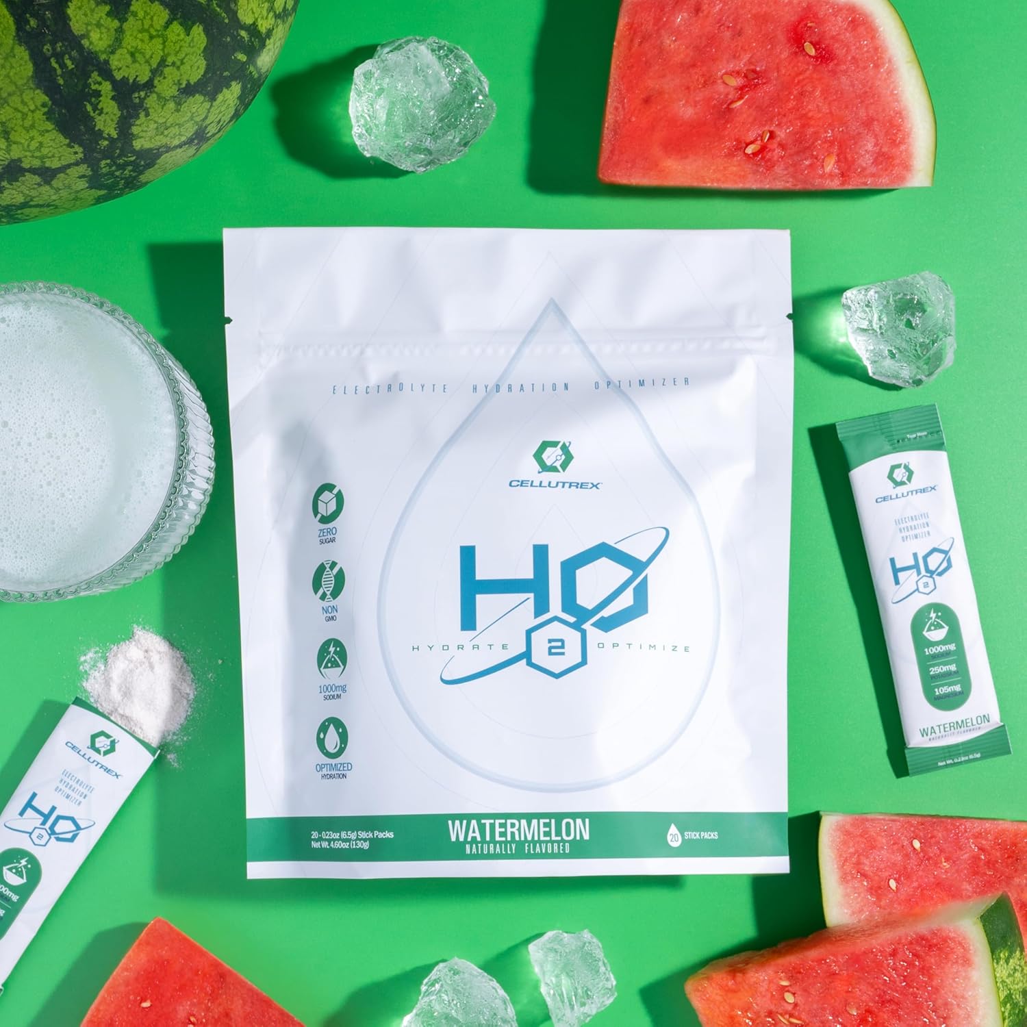 Cellutrex® H2O Electrolytes Watermelon Powder Drink Mix - Zero Sugar, Non-GMO, Natural Salt for Workouts, Fasting, Wellness, Travel - 20 Stick Packs