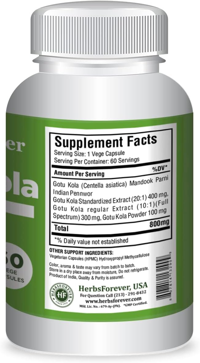 Centella Asiatica Stress Relief Supplement 60 Vege Capsules 800 Mg - Herbsforever Gotu Kola Capsules