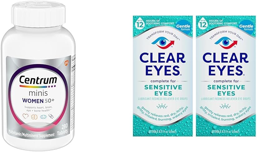 Centrum Minis Women's Multivitamin 50+ with Vitamin D3, B Vitamins, Non-GMO - 280 Ct & Clear Eyes Sensitive Eye Drops, 0.5 Oz - 2 Pack