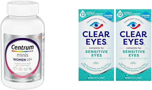 Centrum Minis Women's Multivitamin 50+ with Vitamin D3, B Vitamins, Non-GMO - 280 Ct & Clear Eyes Sensitive Eye Drops, 0.5 Oz - 2 Pack