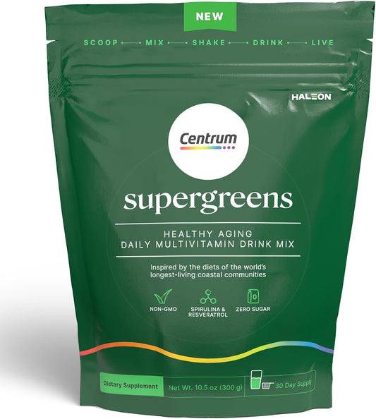 Centrum Supergreens Multivitamin Powder with Superfoods - Spirulina, Mushroom, Prebiotics & Enzymes - 30 Servings