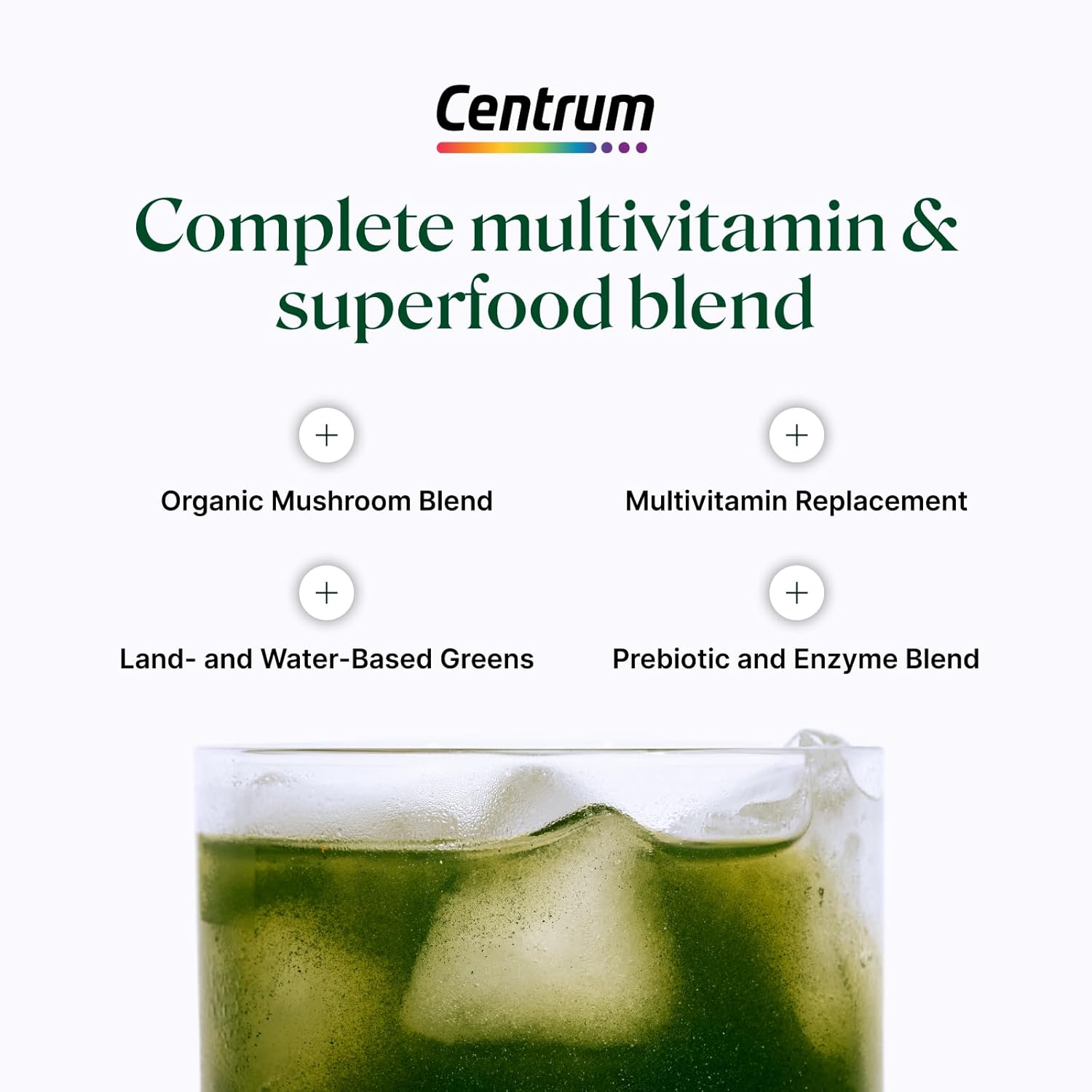 Centrum Supergreens Multivitamin Powder with Superfoods - Spirulina, Mushroom, Prebiotics & Enzymes - 30 Servings