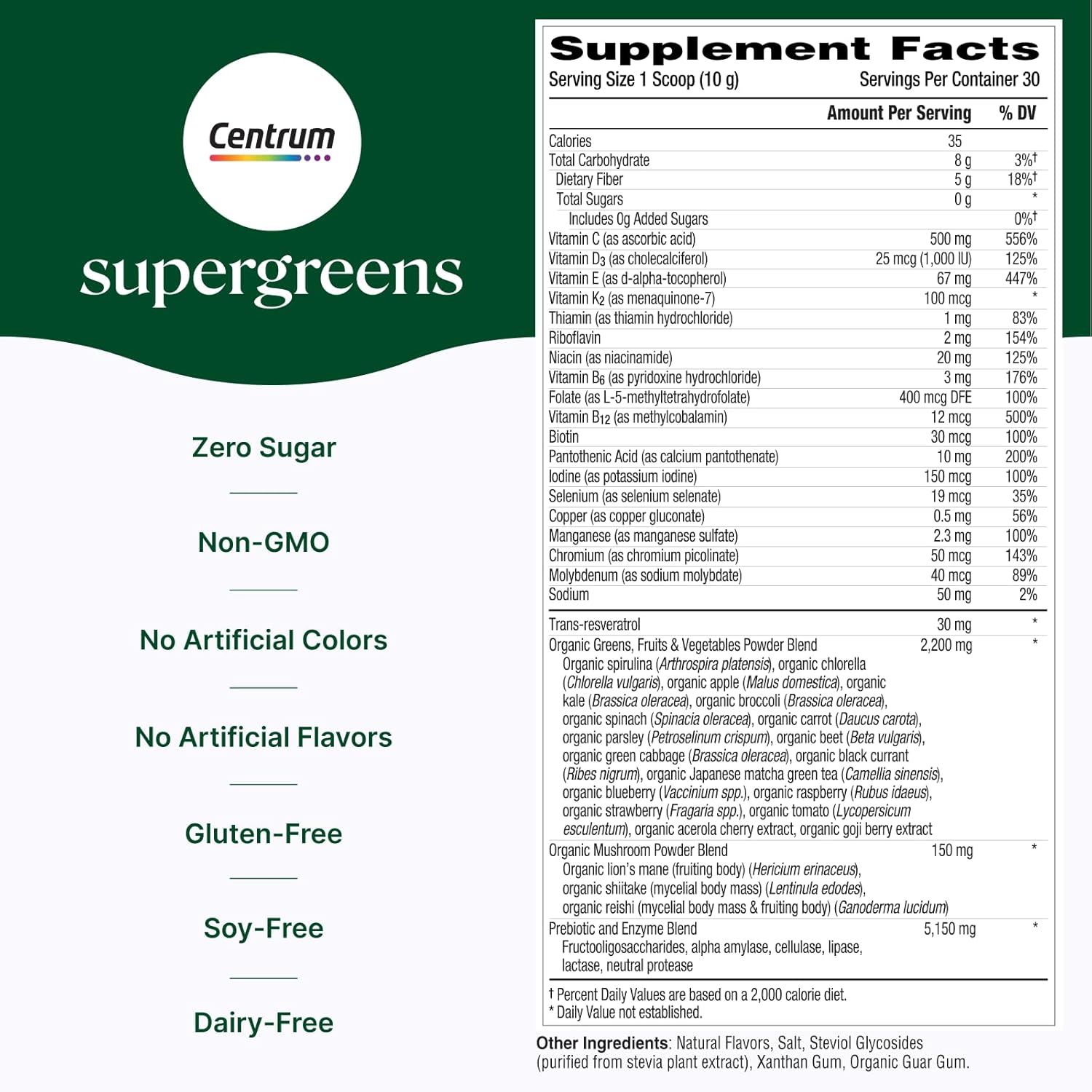 Centrum Supergreens Multivitamin Powder with Superfoods - Spirulina, Mushroom, Prebiotics & Enzymes - 30 Servings