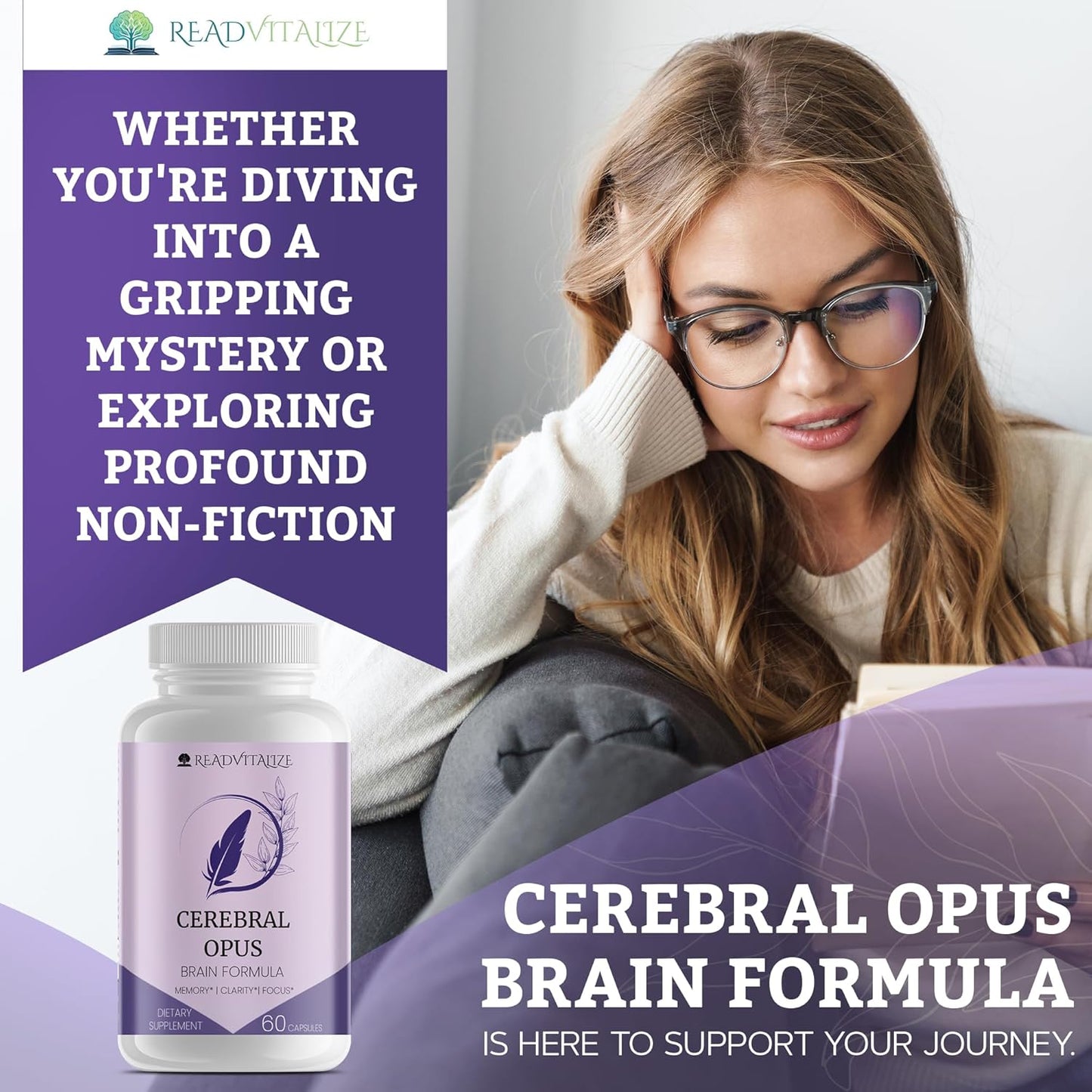 Cerebral Opus Memory and Focus Brain Supplement with Vitamin D, Folic Acid & Phosphatidylserine - Boost Energy and Reduce Brain Fog - 60 Capsules