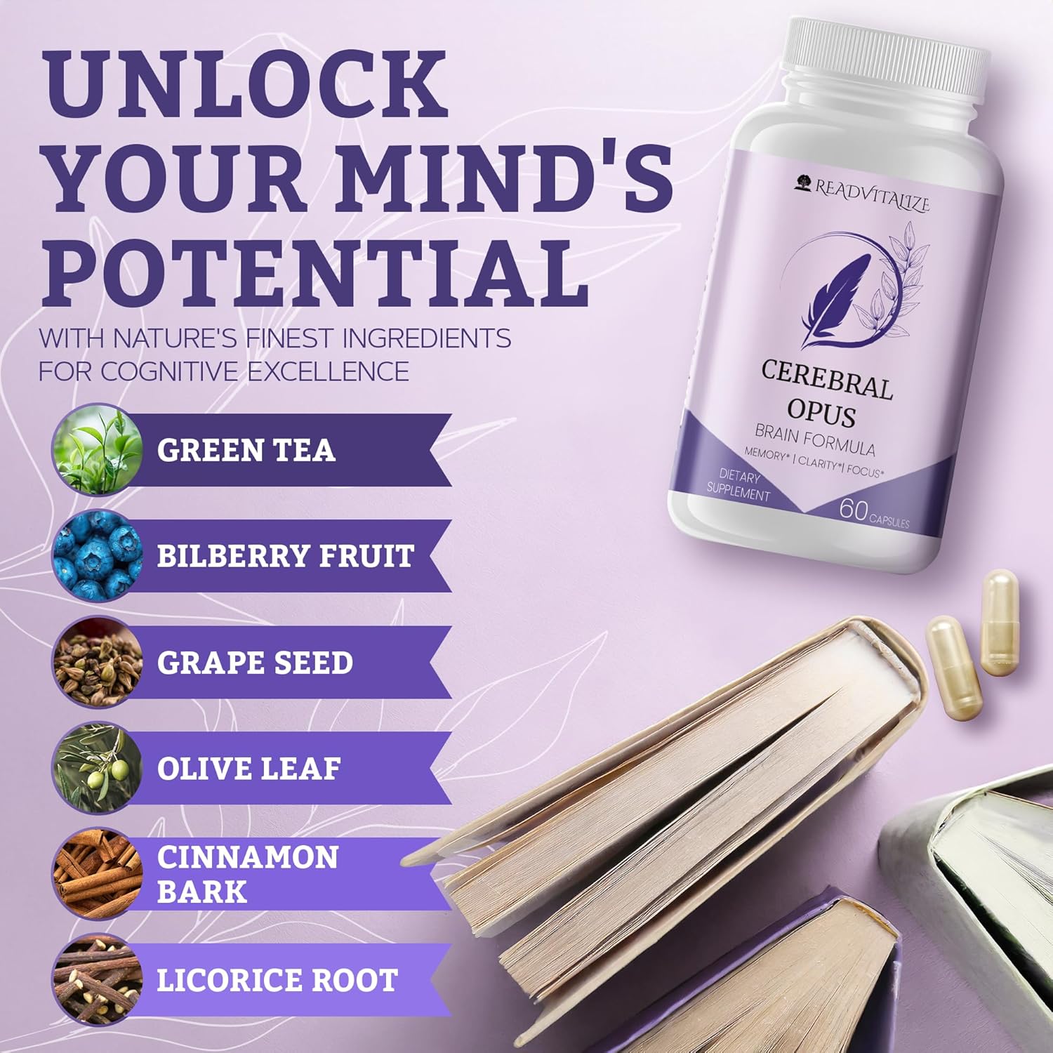 Cerebral Opus Memory and Focus Brain Supplement with Vitamin D, Folic Acid & Phosphatidylserine - Boost Energy and Reduce Brain Fog - 60 Capsules