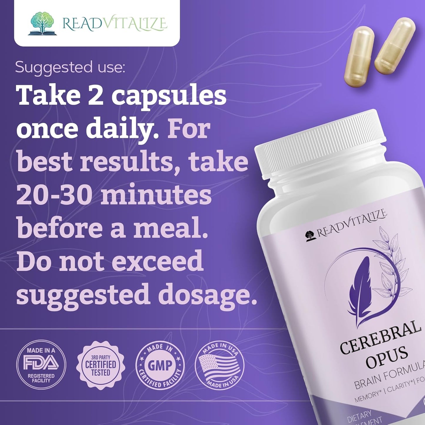 Cerebral Opus Memory and Focus Brain Supplement with Vitamin D, Folic Acid & Phosphatidylserine - Boost Energy and Reduce Brain Fog - 60 Capsules