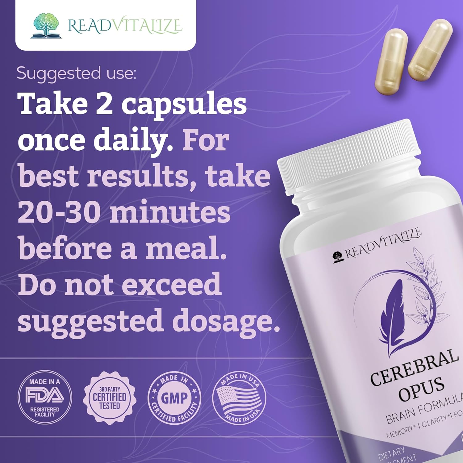 Cerebral Opus Memory and Focus Brain Supplement with Vitamin D, Folic Acid & Phosphatidylserine - Boost Energy and Reduce Brain Fog - 60 Capsules