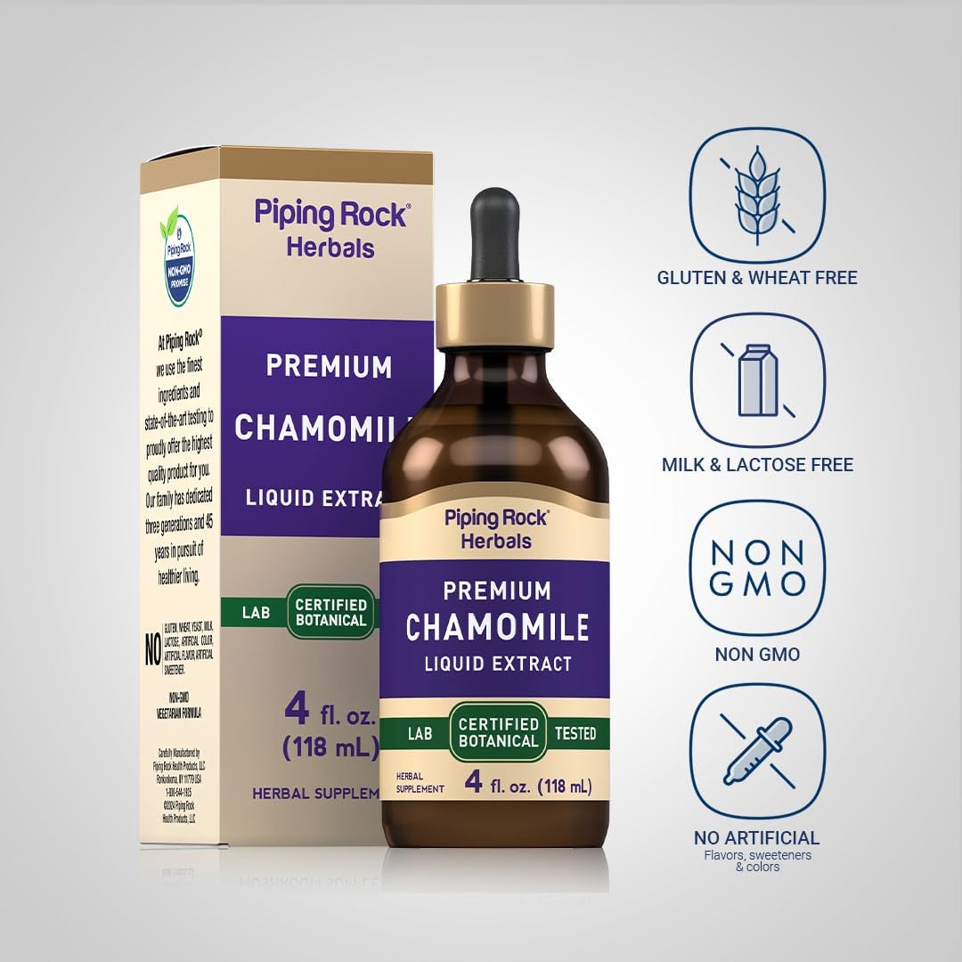 Certified Botanical Chamomile Flower Extract Liquid | 4 fl oz | Alcohol-Free Tincture | Vegetarian & Non-GMO Supplement