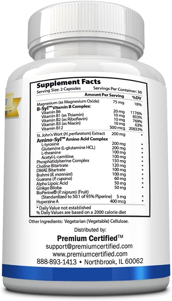 Certified Cognisyl Capsules - Enhance Memory, Energy, Focus - Vitamin B Complex, St. John's Wort, DMAE Bitartrate