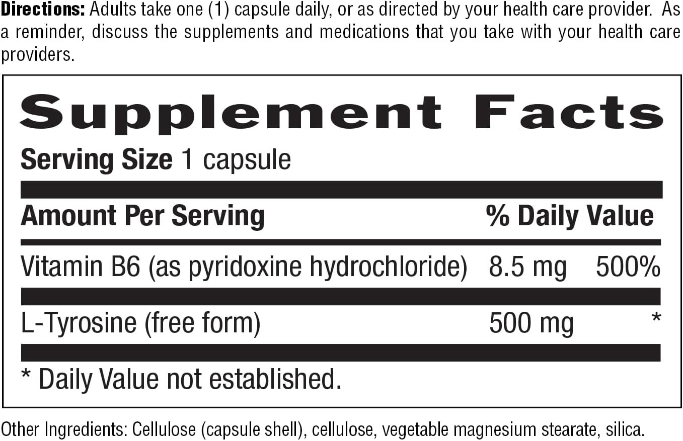 Certified Gluten-Free L-Tyrosine 500mg with Vitamin B6 Supplement - Vegetarian & Kosher - Boost Energy & Focus, Brain Health Support - Non-GMO - 100 Capsules