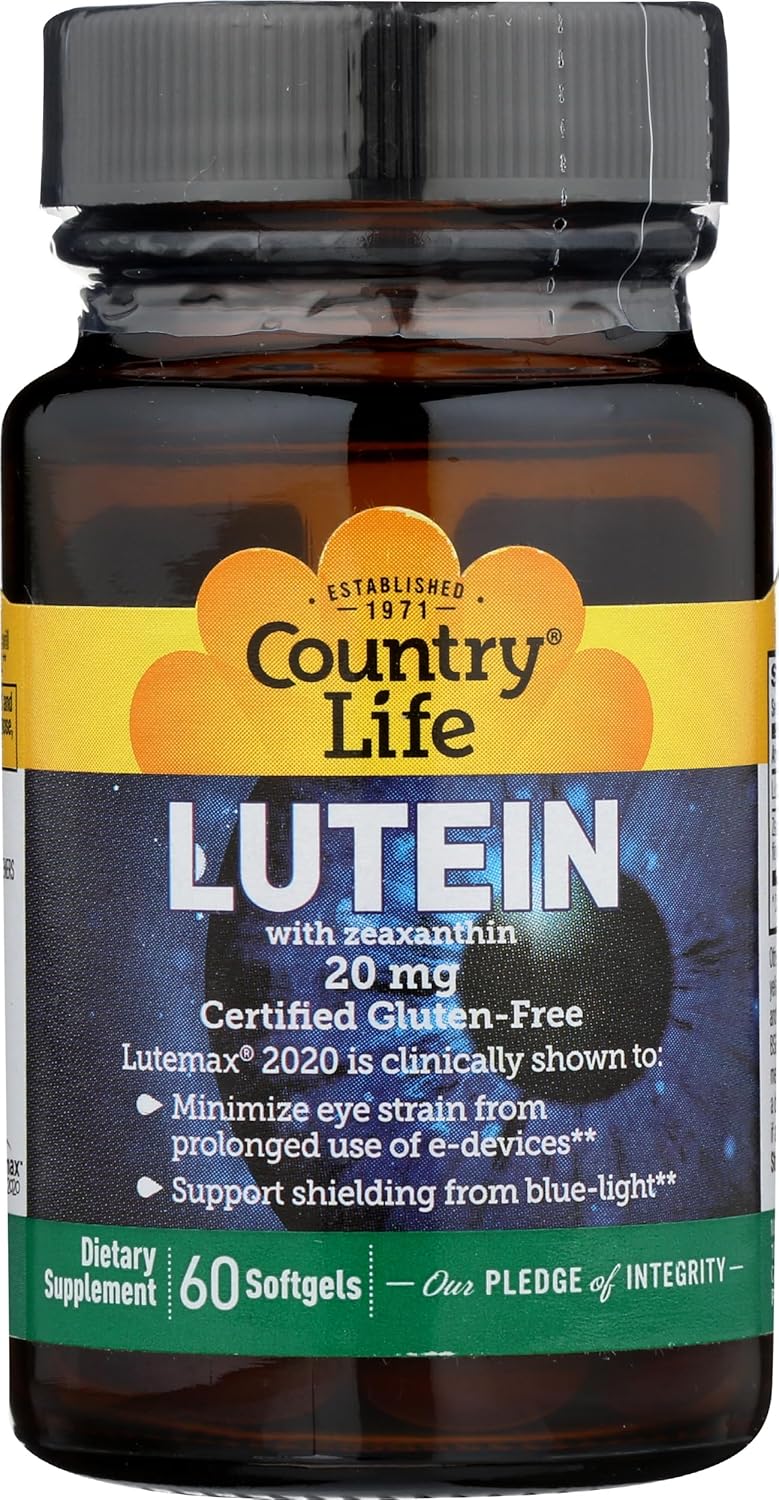 Certified Gluten-Free Lutein 20 mg Supplement for Eye Health - With Zeaxanthin - Reduces Eye Strain - 60 Softgels