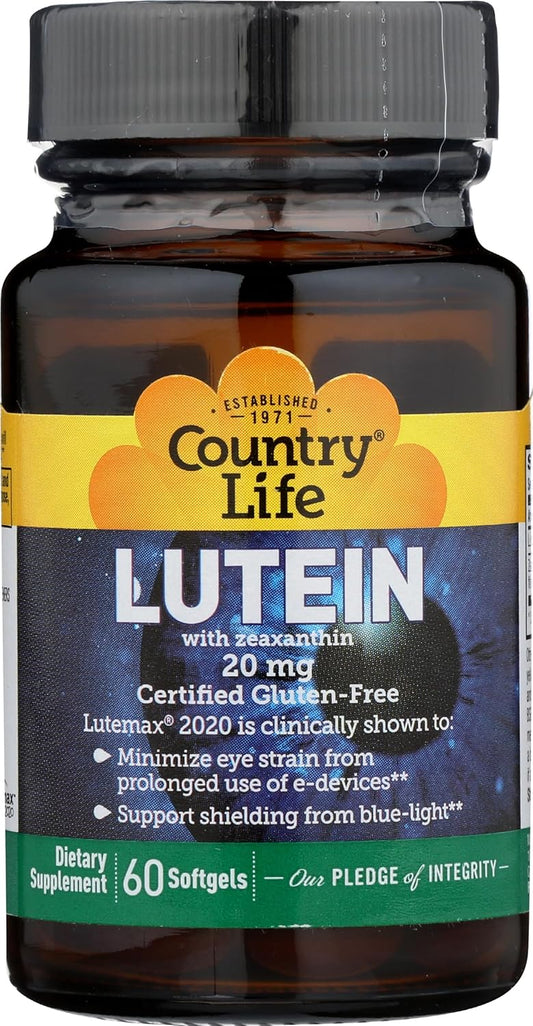 Certified Gluten-Free Lutein 20 mg Supplement for Eye Health - With Zeaxanthin - Reduces Eye Strain - 60 Softgels
