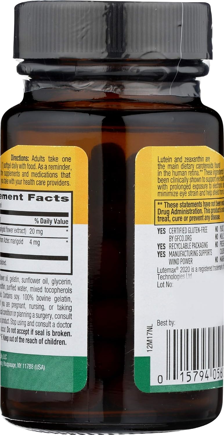 Certified Gluten-Free Lutein 20 mg Supplement for Eye Health - With Zeaxanthin - Reduces Eye Strain - 60 Softgels
