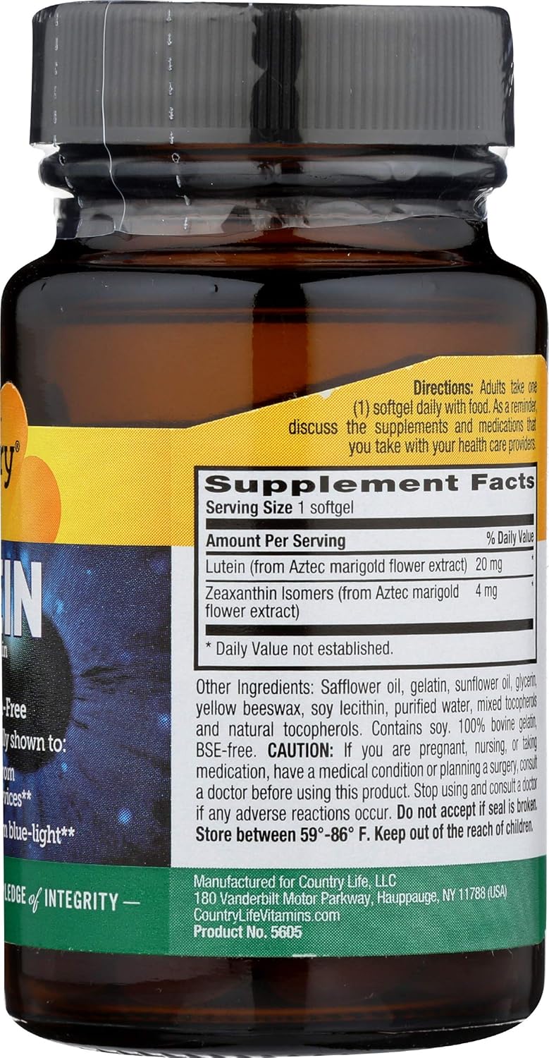 Certified Gluten-Free Lutein 20 mg Supplement for Eye Health - With Zeaxanthin - Reduces Eye Strain - 60 Softgels