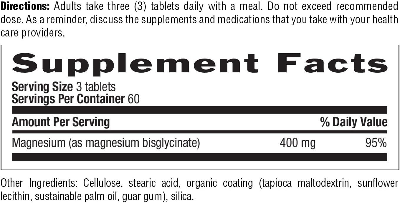 Certified Gluten Free Vegan Halal Chelated Magnesium Glycinate Tablets 400mg, 180 Count